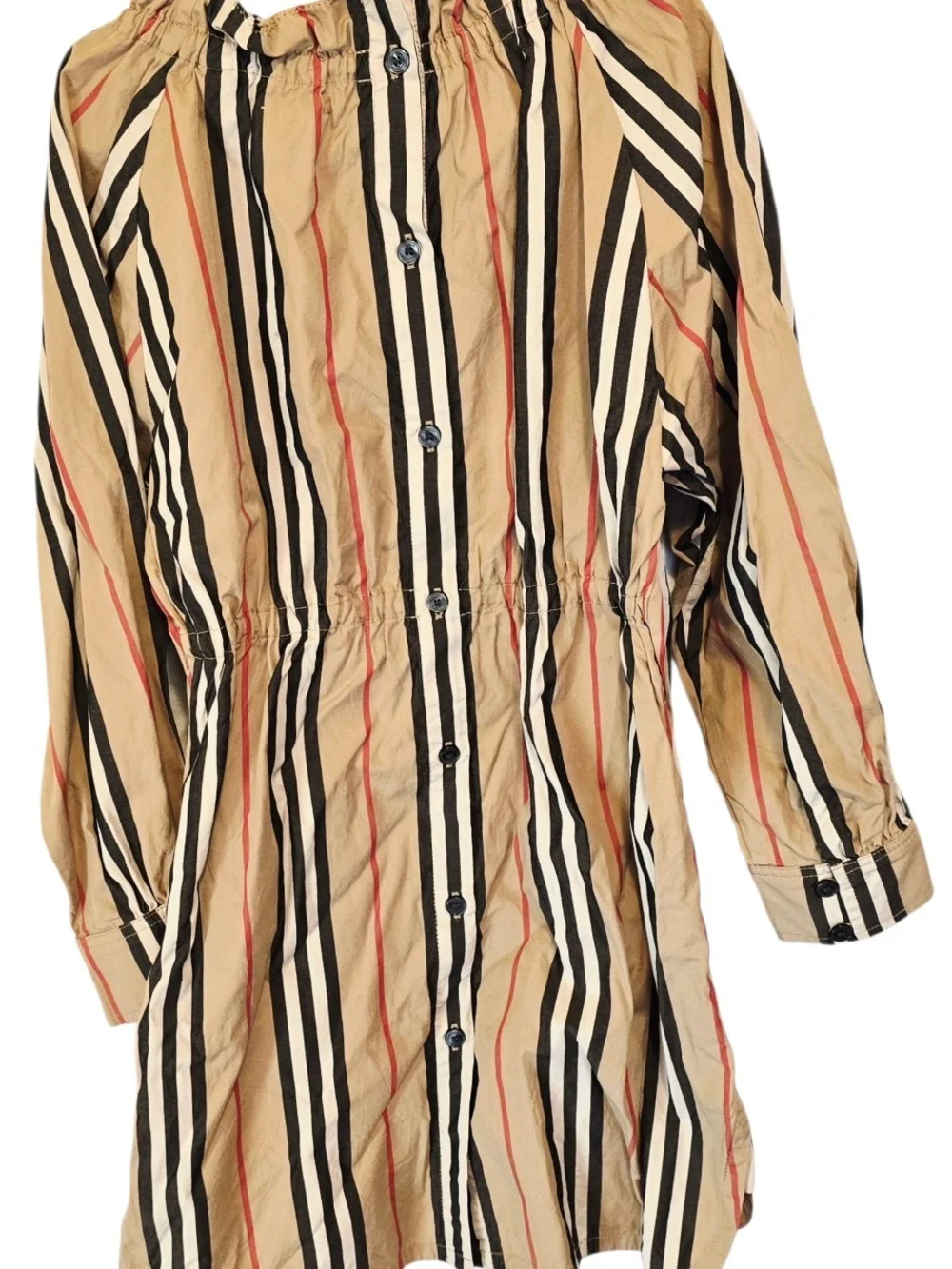 Burberry Beige Striped Button-Front Kids Dress with Black and Red Stripes